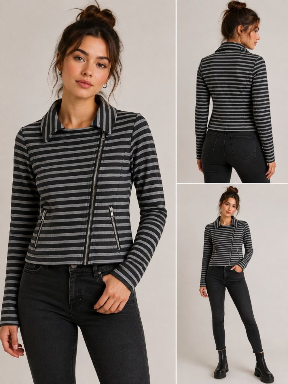 Suzy Shier Black Gray Striped Moto Jacket Zip Front Long Sleeve Women’s XS
